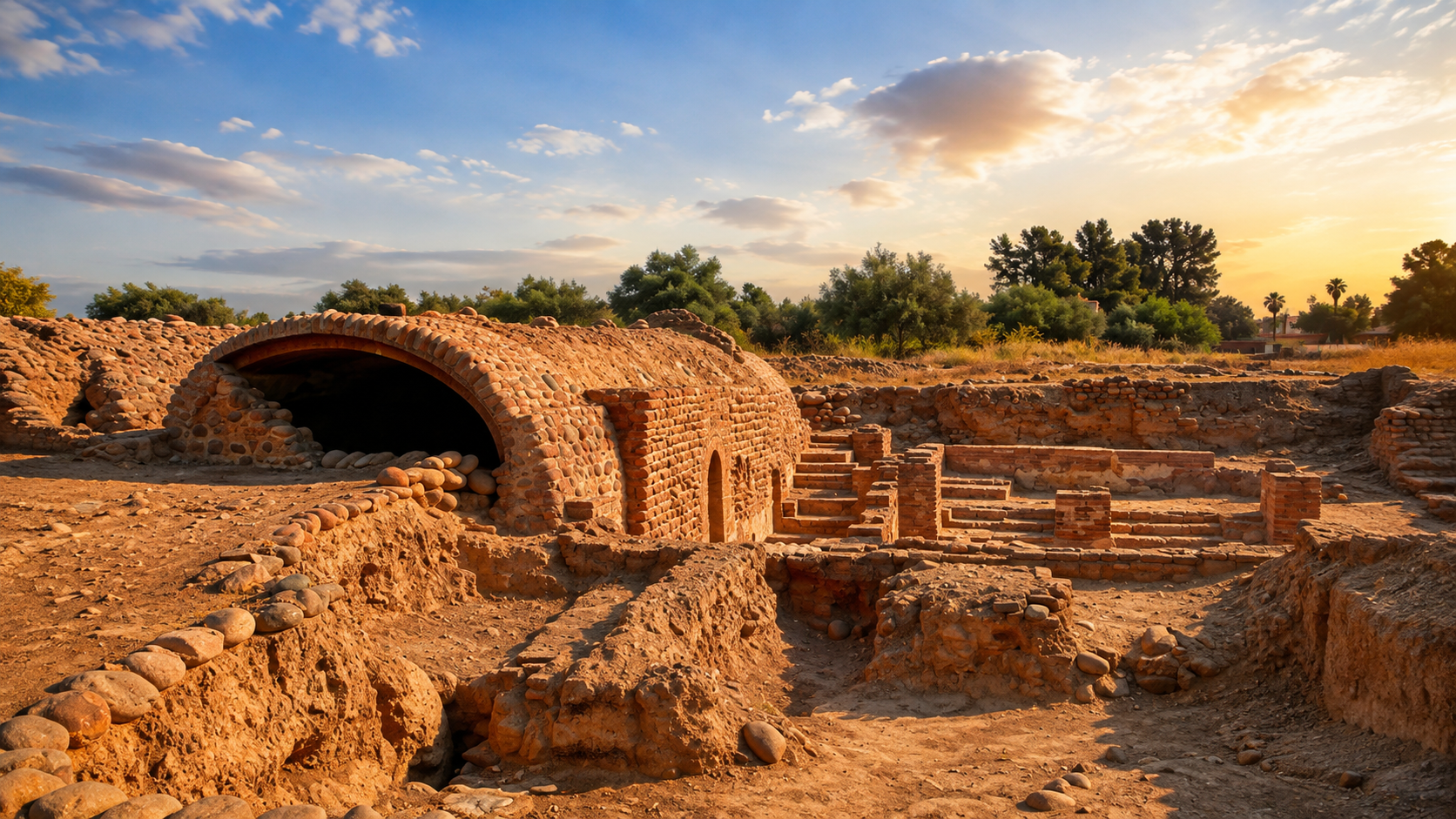 Sunset over brick and earth archaeological remains at Aghmat near Marrakech, Morocco