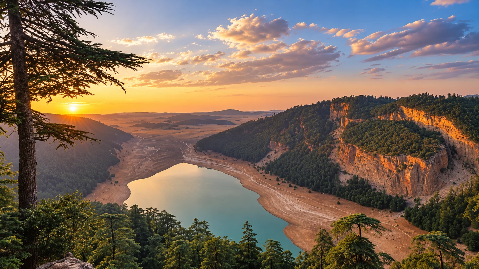 Aguelmame Azegza lake basin ringed by cedar forest and limestone cliffs at sunset