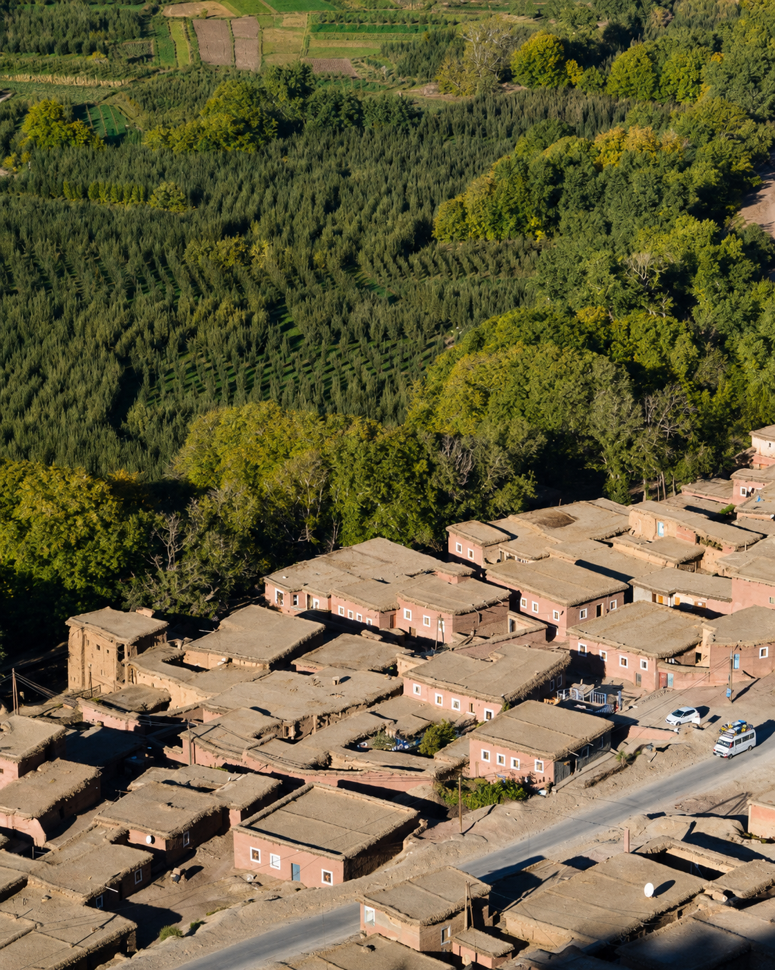 Village houses beside green orchards and cultivated fields in Aït Bouguemez Valley