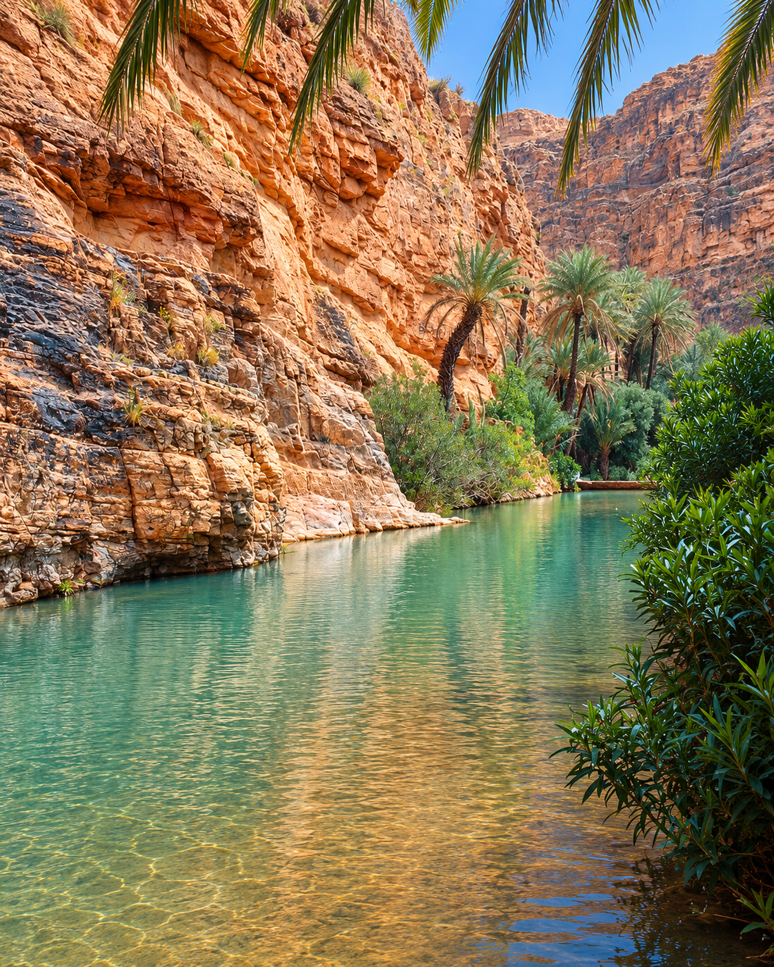 Water, palms and ochre cliff walls inside Aït Mansour Gorges