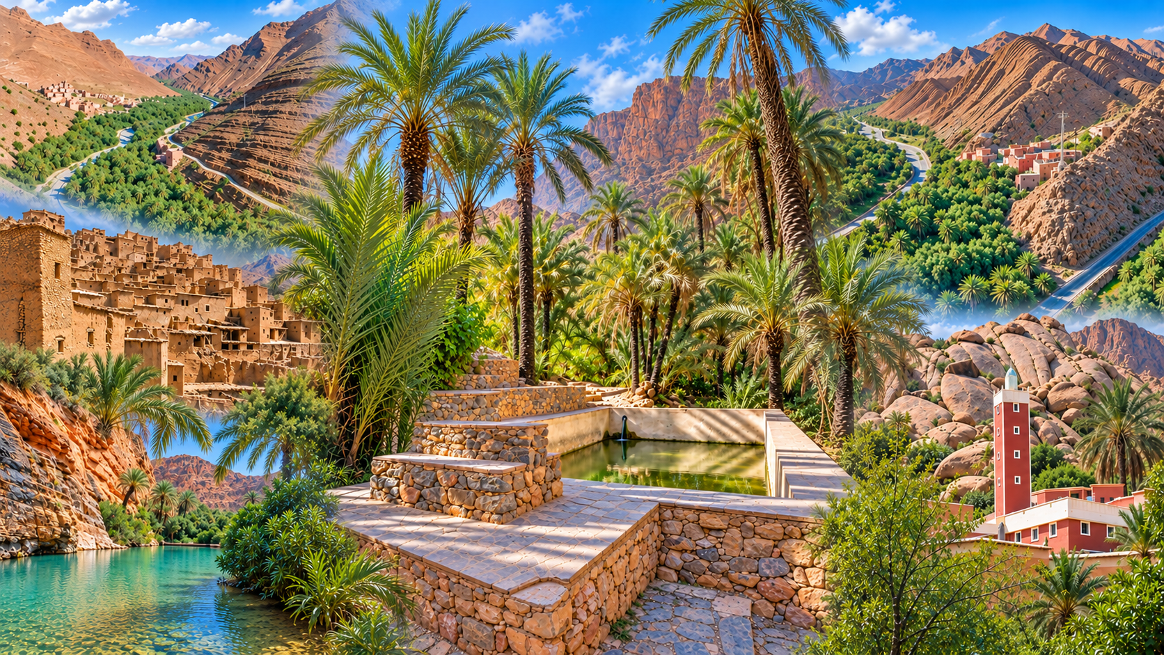Palm-filled Aït Mansour Gorges framed by ochre Anti-Atlas rock in southern Morocco