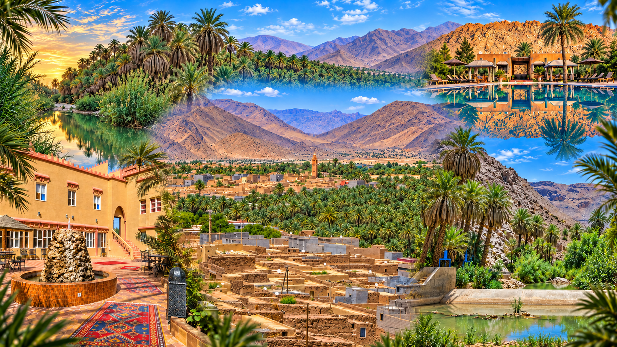 Panoramic composition of palms, mountain ridges, village buildings and water, illustrating the Akka Oasis guide