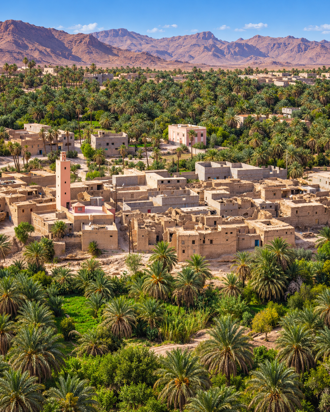Tata oasis landscape with palm gardens, village roofs, a minaret and rocky ridges
