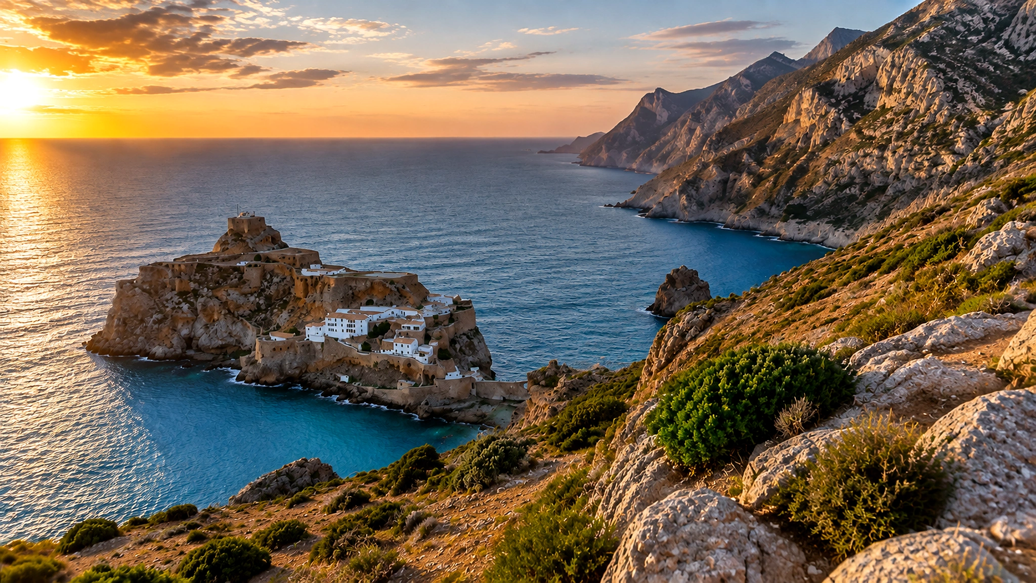 Sunset over Rif cliffs, Mediterranean water and rocky coves in Al Hoceima National Park, Morocco