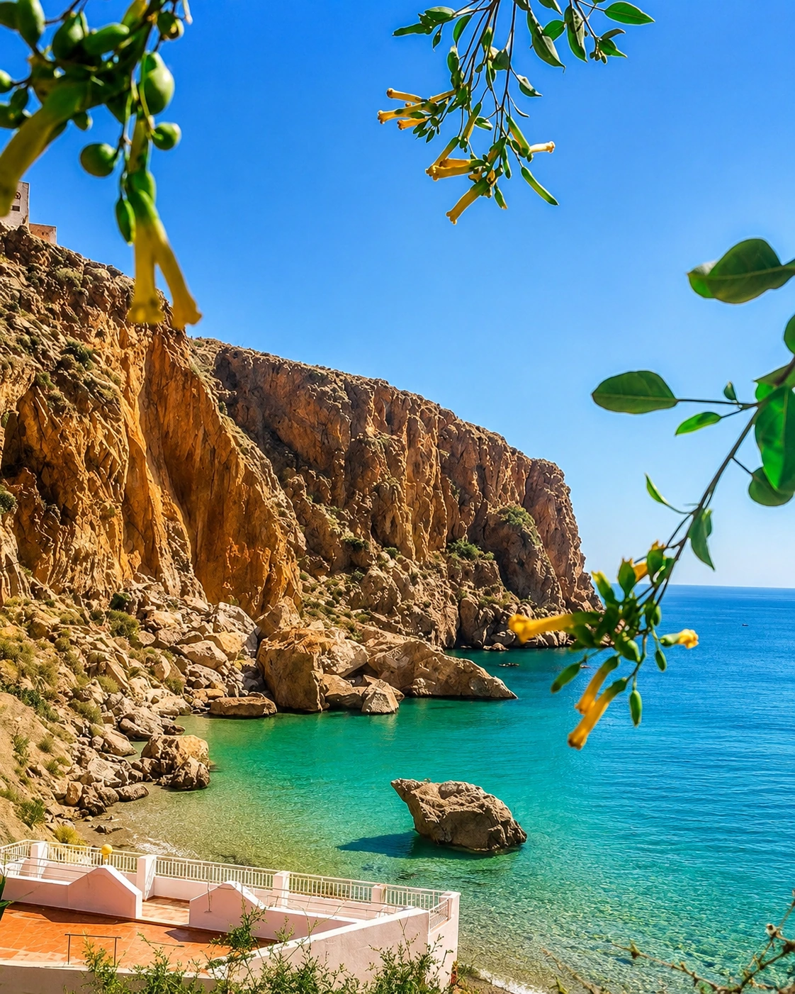 Rocky cove, clear water and warm cliffs on the Al Hoceima coast
