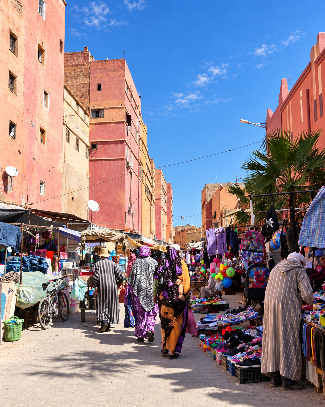 Guelmim market street with warm-toned buildings, colourful stalls and shoppers