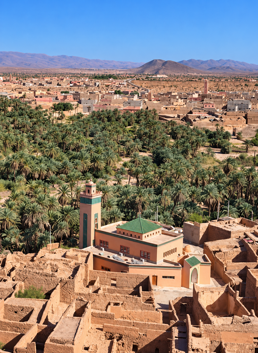 Assa town beyond a palm grove, with historic walls and a mosque in the foreground