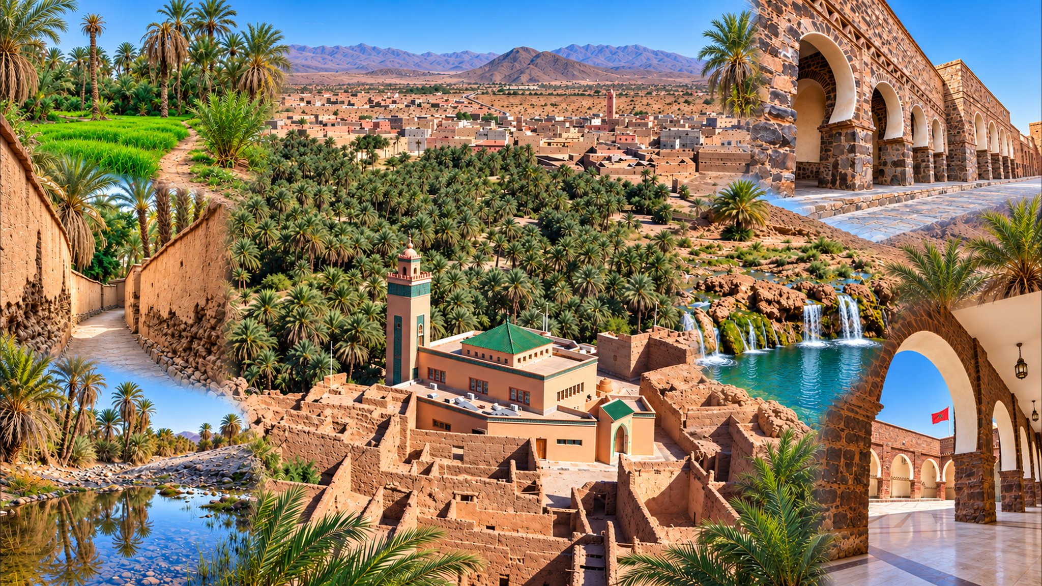 Visual composition of Assa Oasis with palm groves, the town, stone arcades and surrounding dry hills