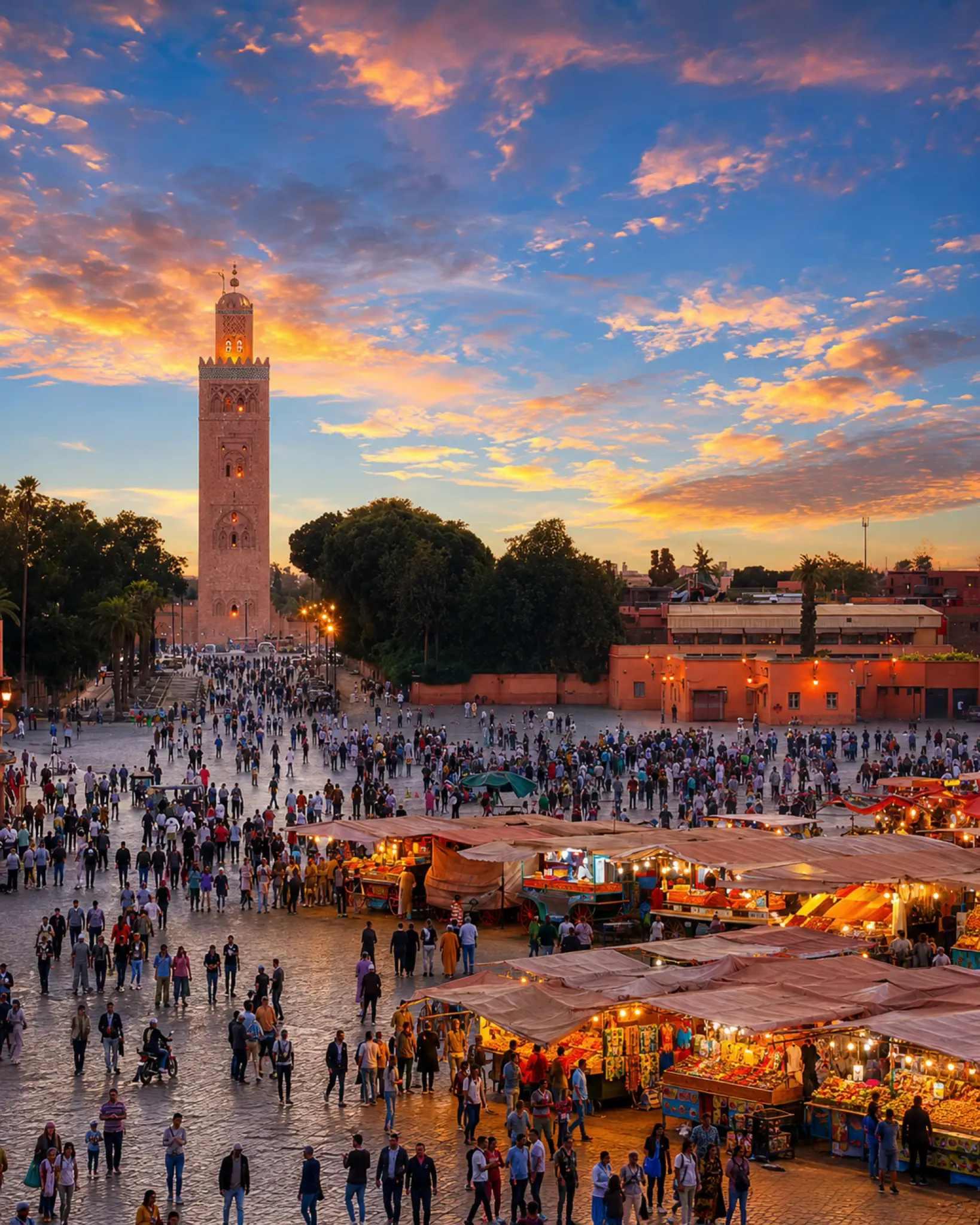 Marrakech medina at sunset with Koutoubia Mosque, city crowds and warm market light