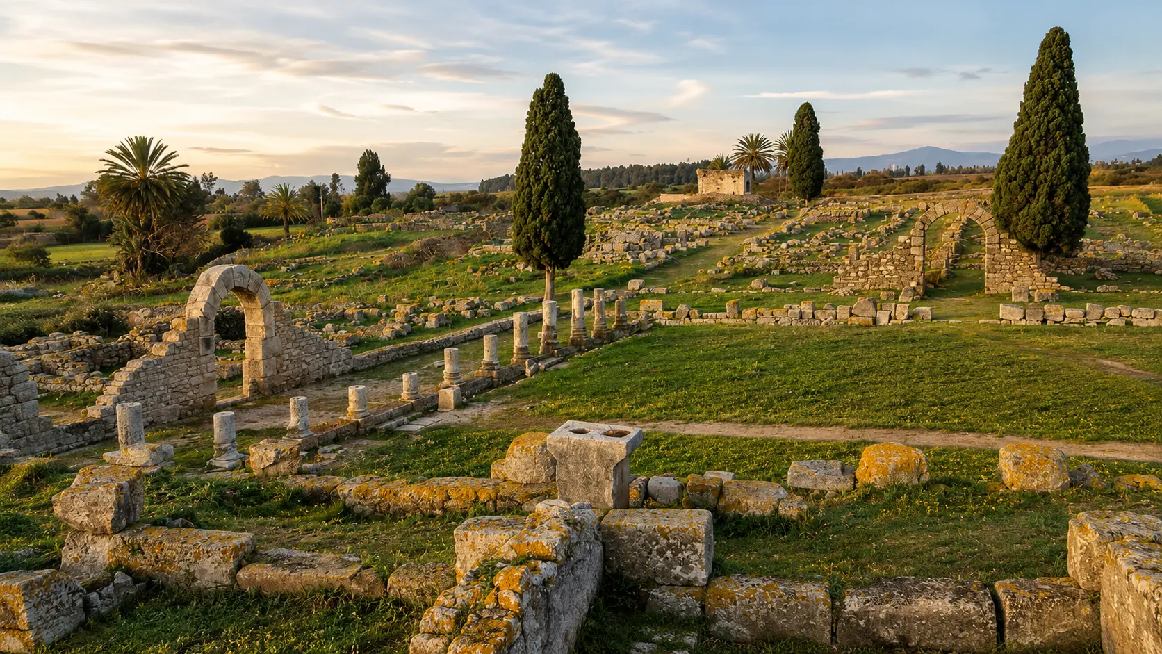 Banasa archaeological ruins in Morocco's Gharb plain at warm evening light