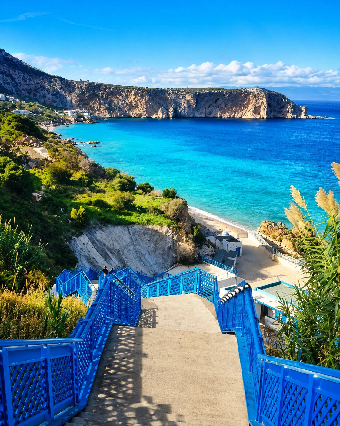 Blue stairs descending toward the clear bay below Jbel Musa near Belyounech