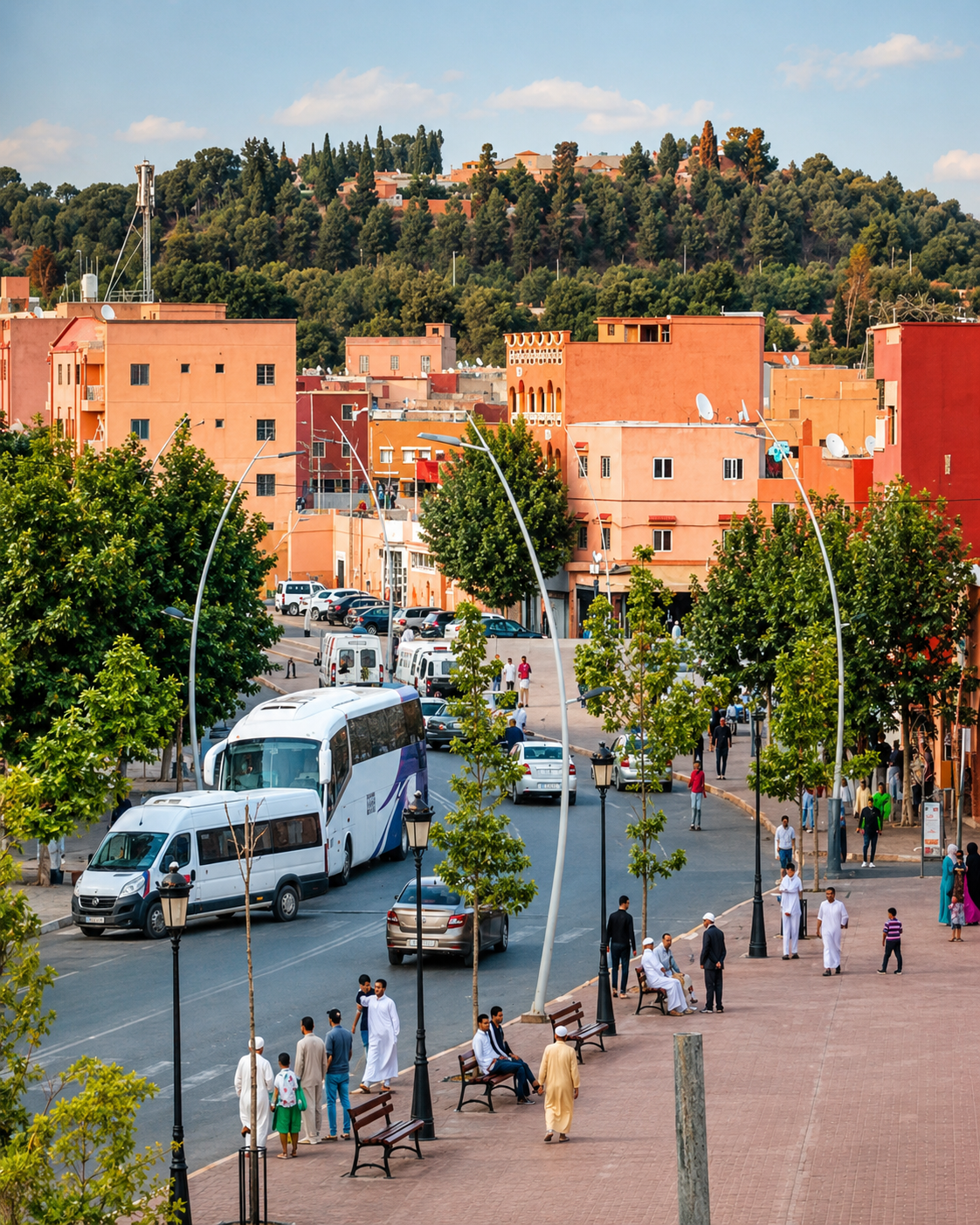 A tree-lined street in Azilal with warm-coloured buildings, pedestrians and a wooded hillside