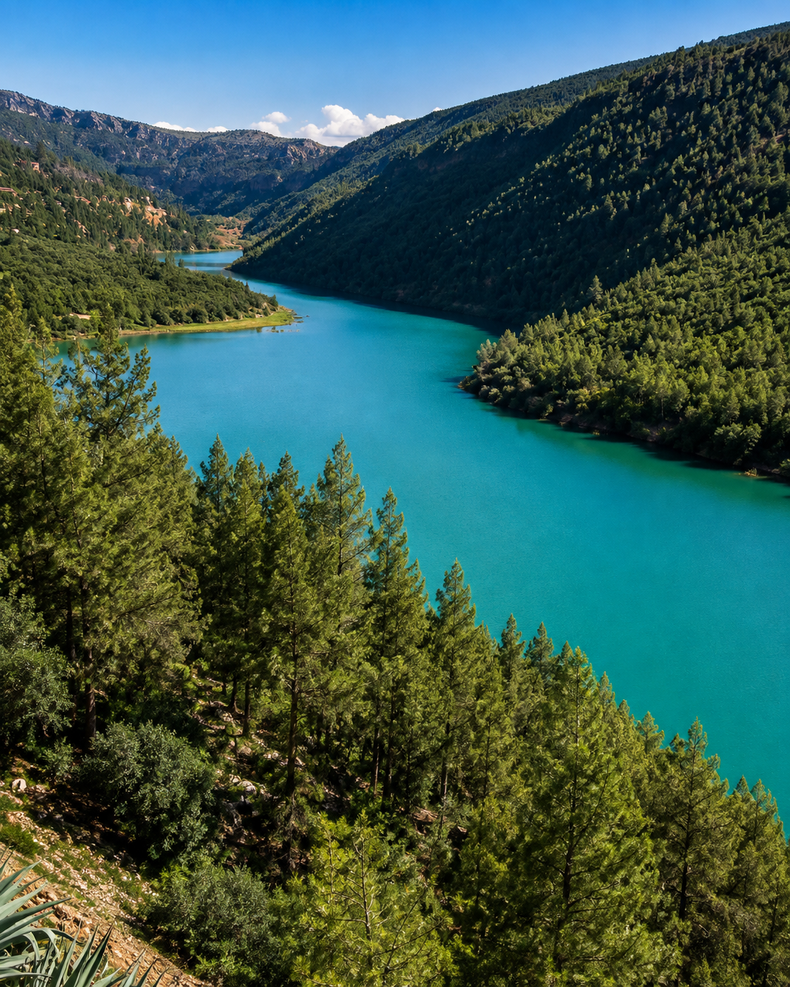 Blue water winding between wooded slopes at Bin el Ouidane