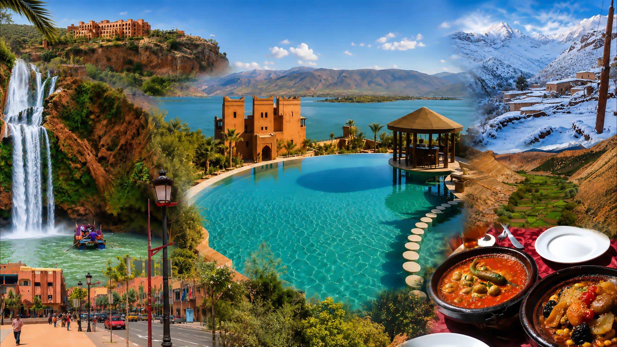 Visual composition centred on Bin el Ouidane Lake, with Azilal streets, waterfalls, Atlas mountain scenery and Moroccan food