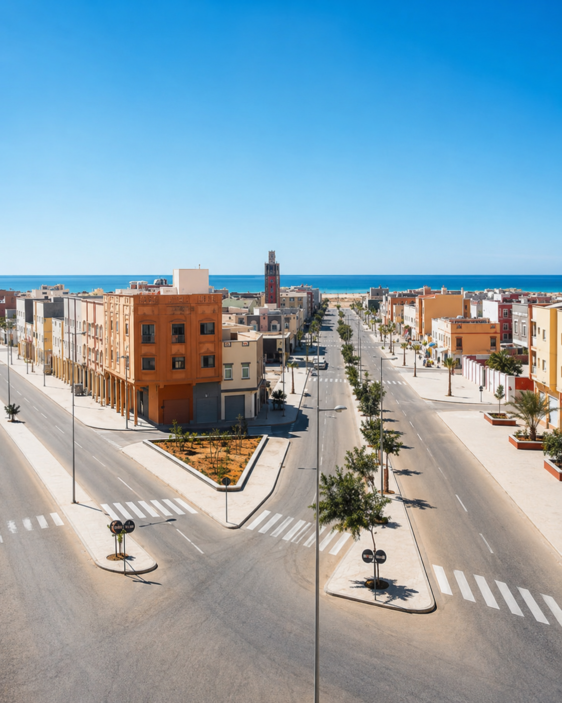 Boujdour streets and low-rise buildings with the Atlantic Ocean on the horizon
