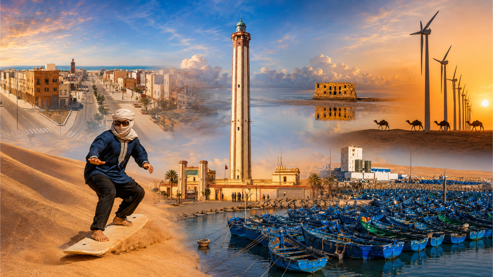 Editorial collage centred on Boujdour Lighthouse, with coastal city scenes, fishing boats and desert imagery