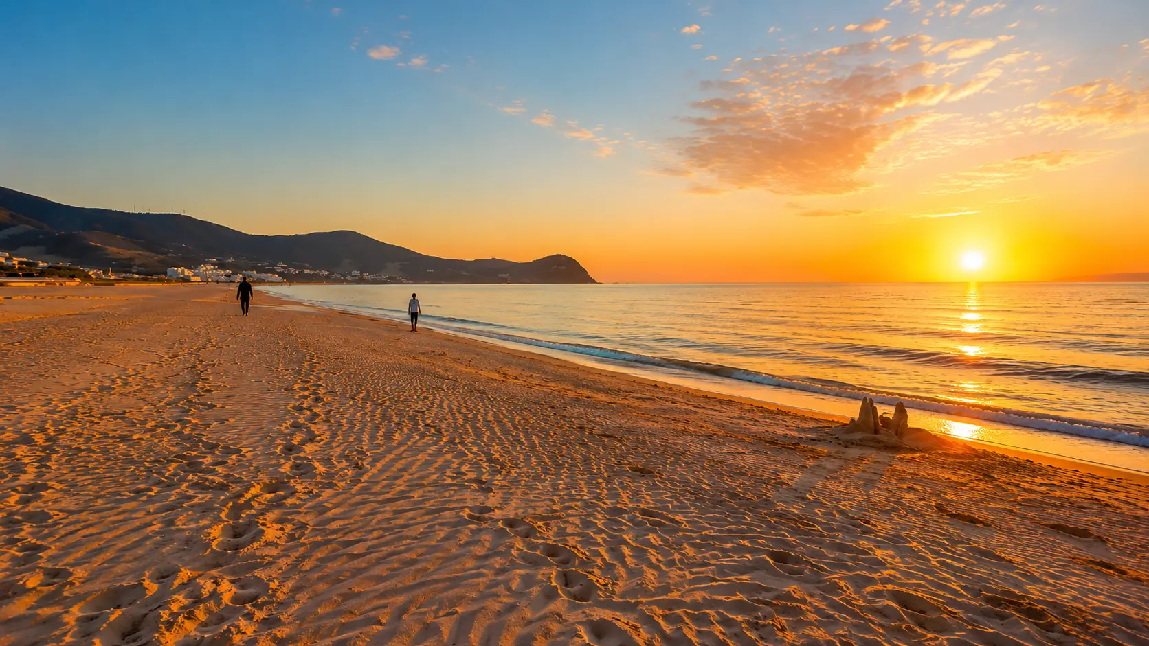 Cabo Negro beach at sunset with Mediterranean water, sand and low coastal hills near Tétouan, Morocco