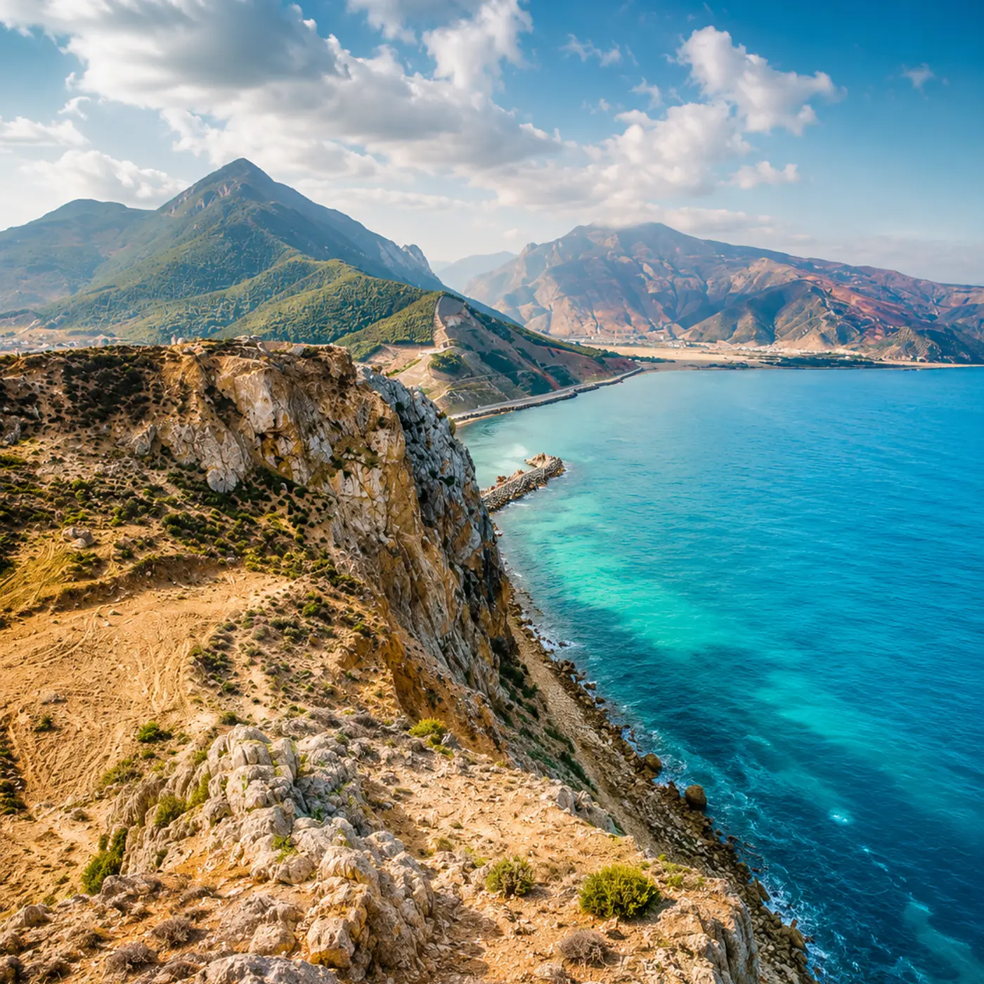 Rif cliffs and turquoise water along the Al Hoceima coast, the wider context for Cala Iris