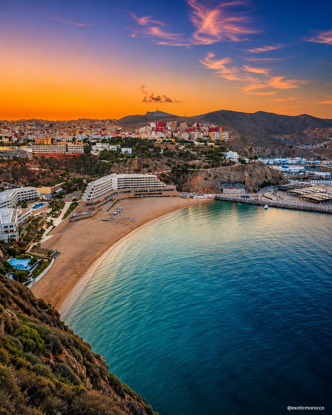 Al Hoceima bay at sunset, the city gateway context for Cala Iris