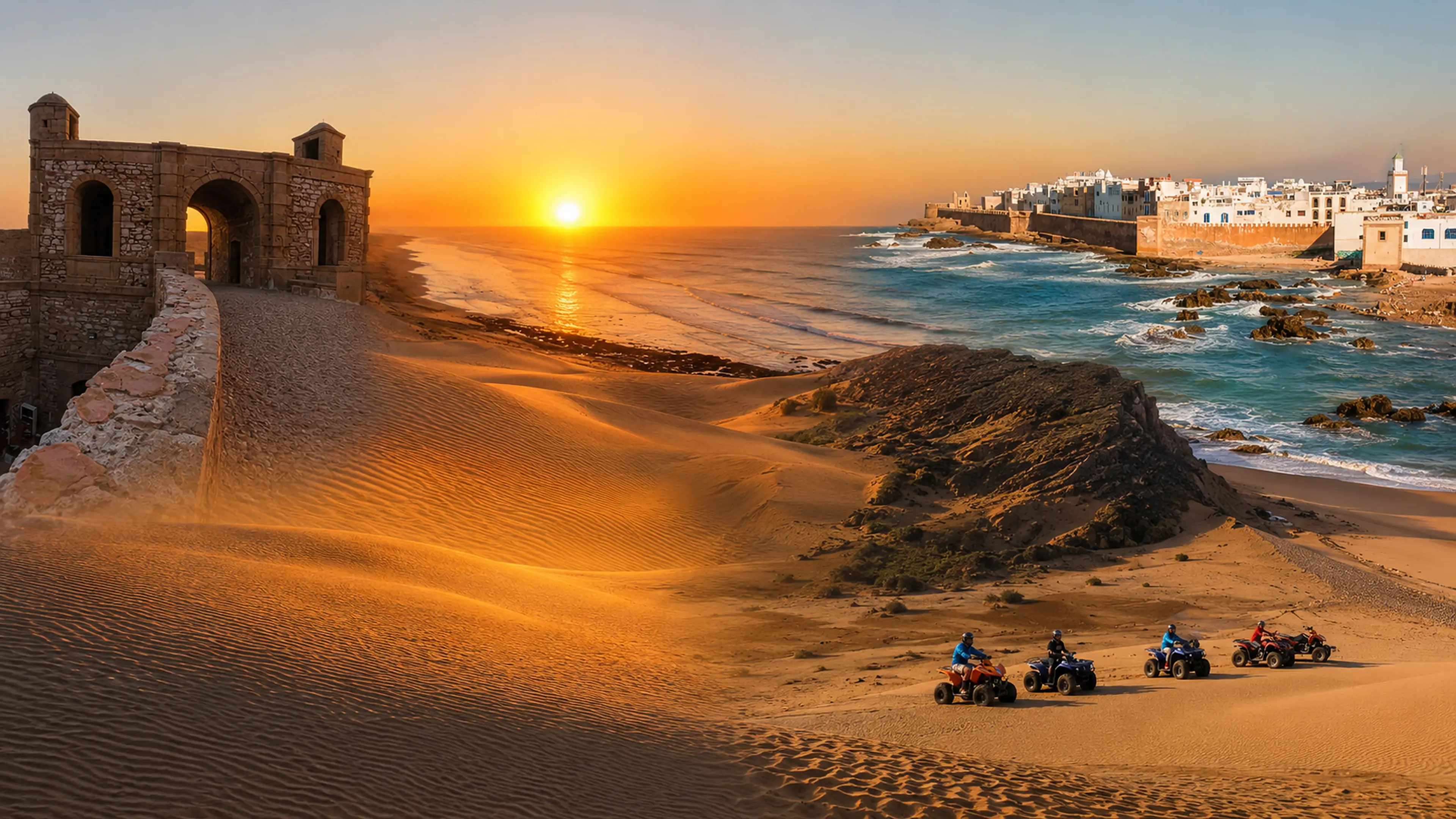 Cap Sim Dunes meeting the Atlantic coast in warm evening light near Essaouira, Morocco