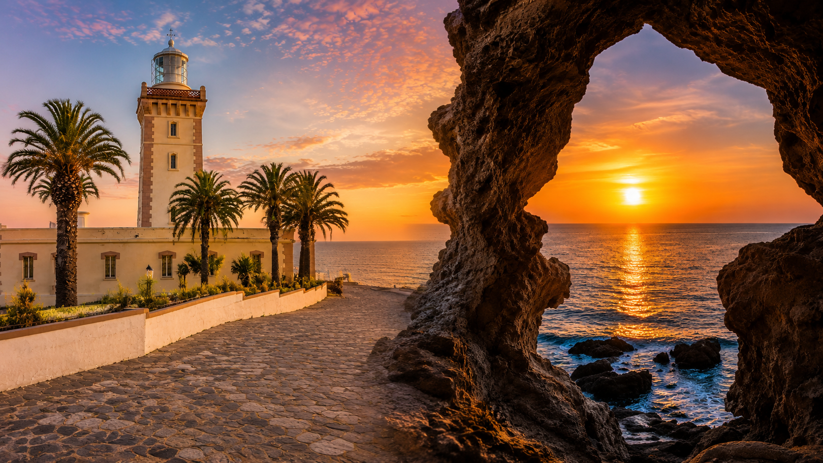 Cap Spartel lighthouse and the Caves of Hercules coastline at sunset near Tangier, Morocco