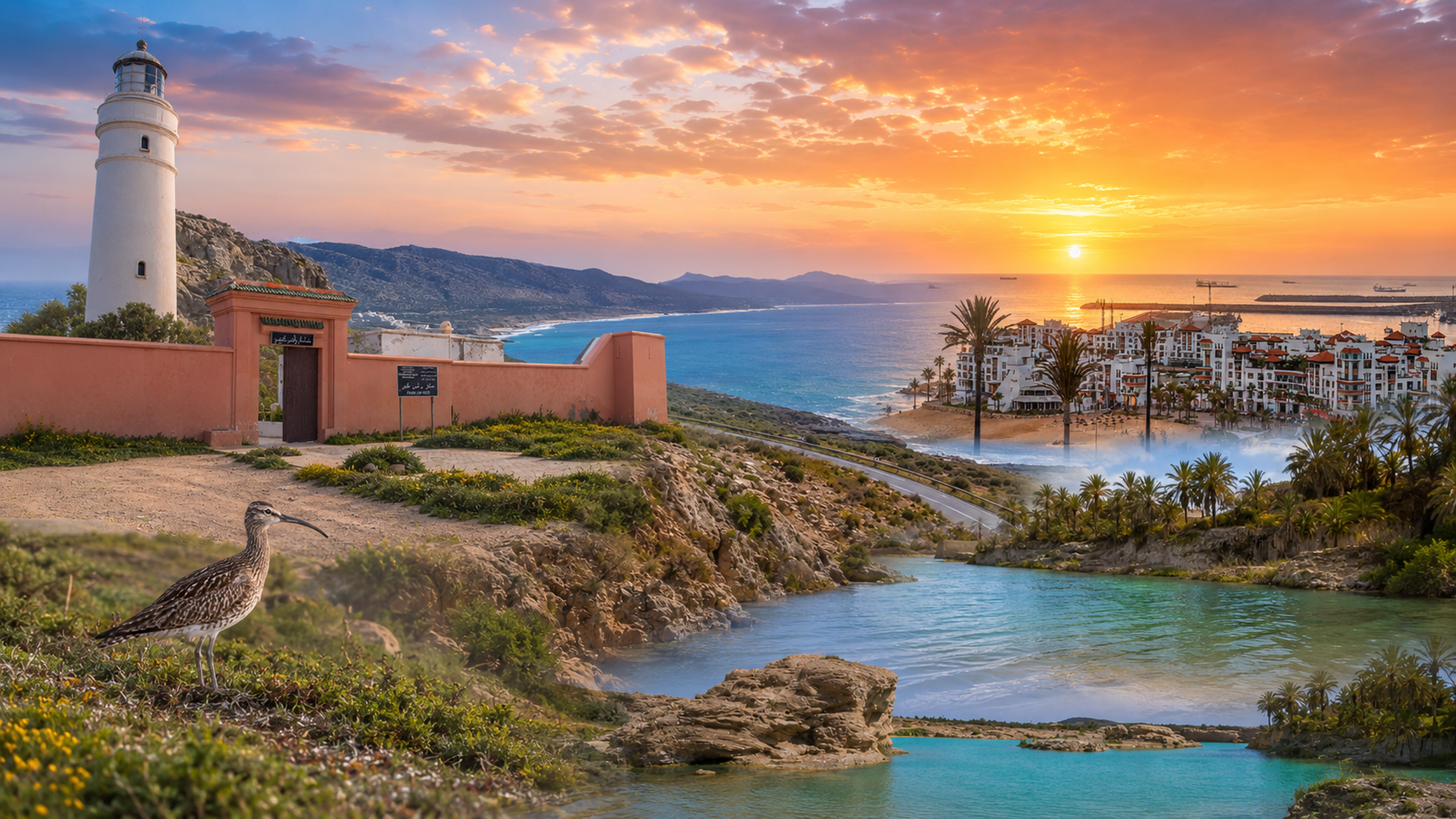Cape Ghir lighthouse, Atlantic coastline and sunset light north of Agadir, Morocco