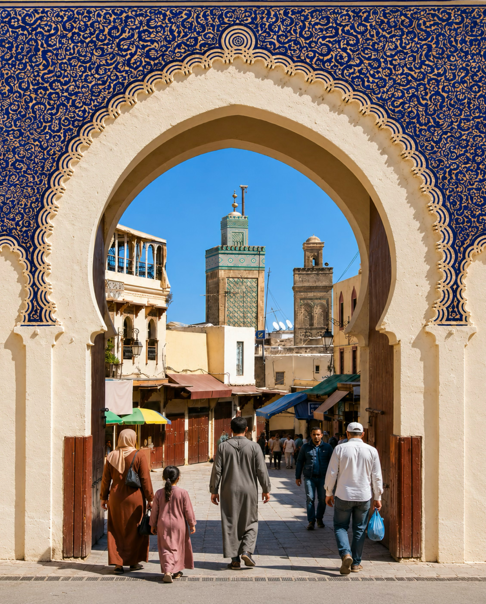 Traditional Fez gateway and minaret in clear daylight