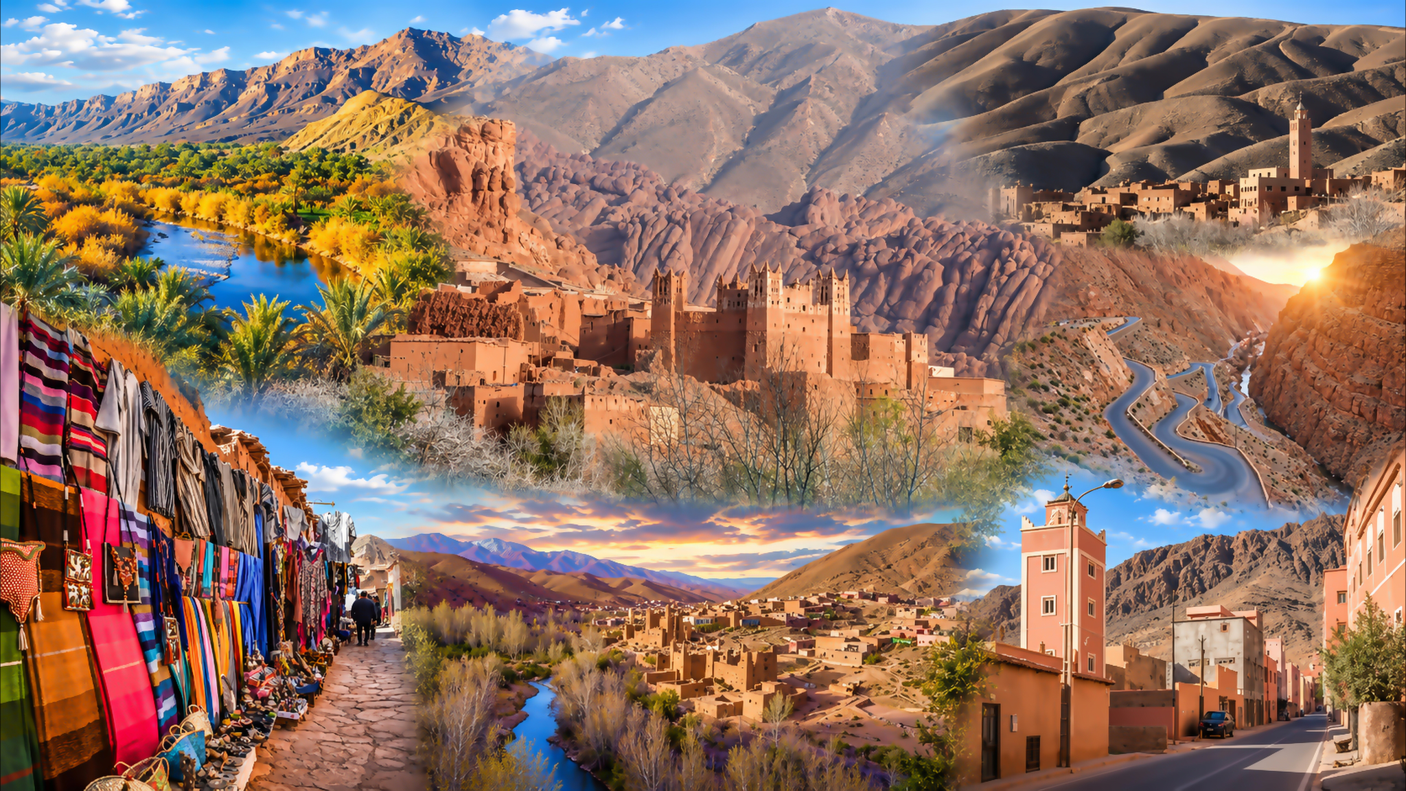 Dadès Valley montage with river scenery, earthen kasbahs, sculpted rocks, mountain roads and village life