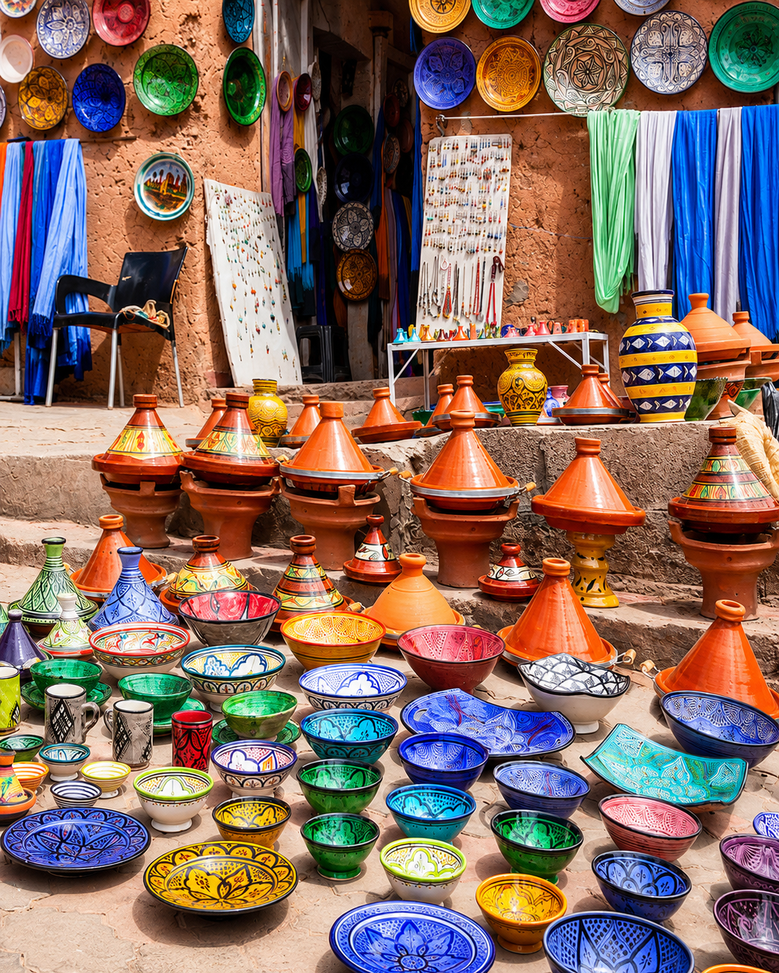Colourful ceramics, tagines and textiles outside a shop in Tinghir