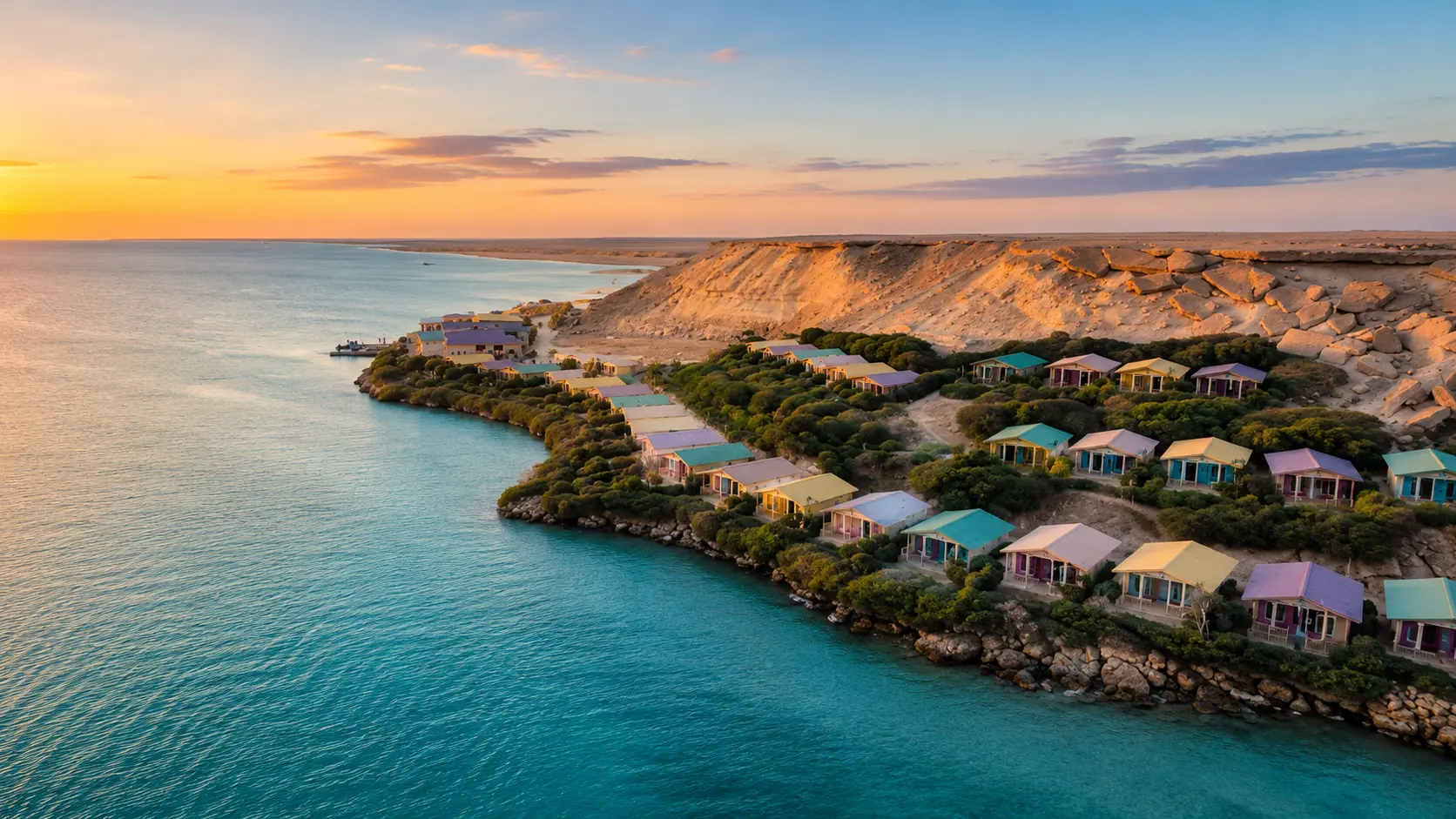 Dakhla Lagoon at sunset with turquoise Atlantic water, pale desert cliffs and lagoon-side lodges