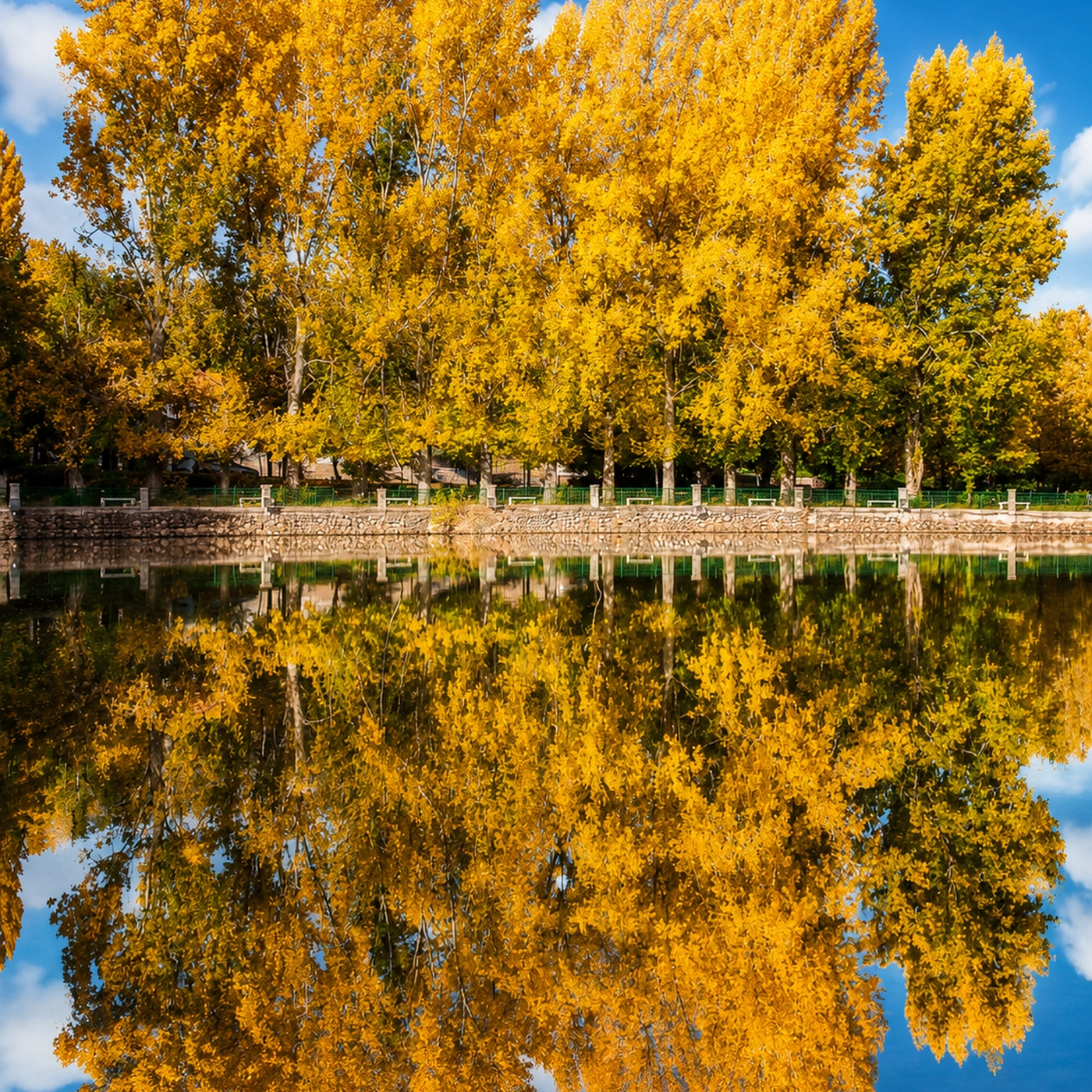Autumn trees and mirrored water at Dayet Aoua near Ifrane