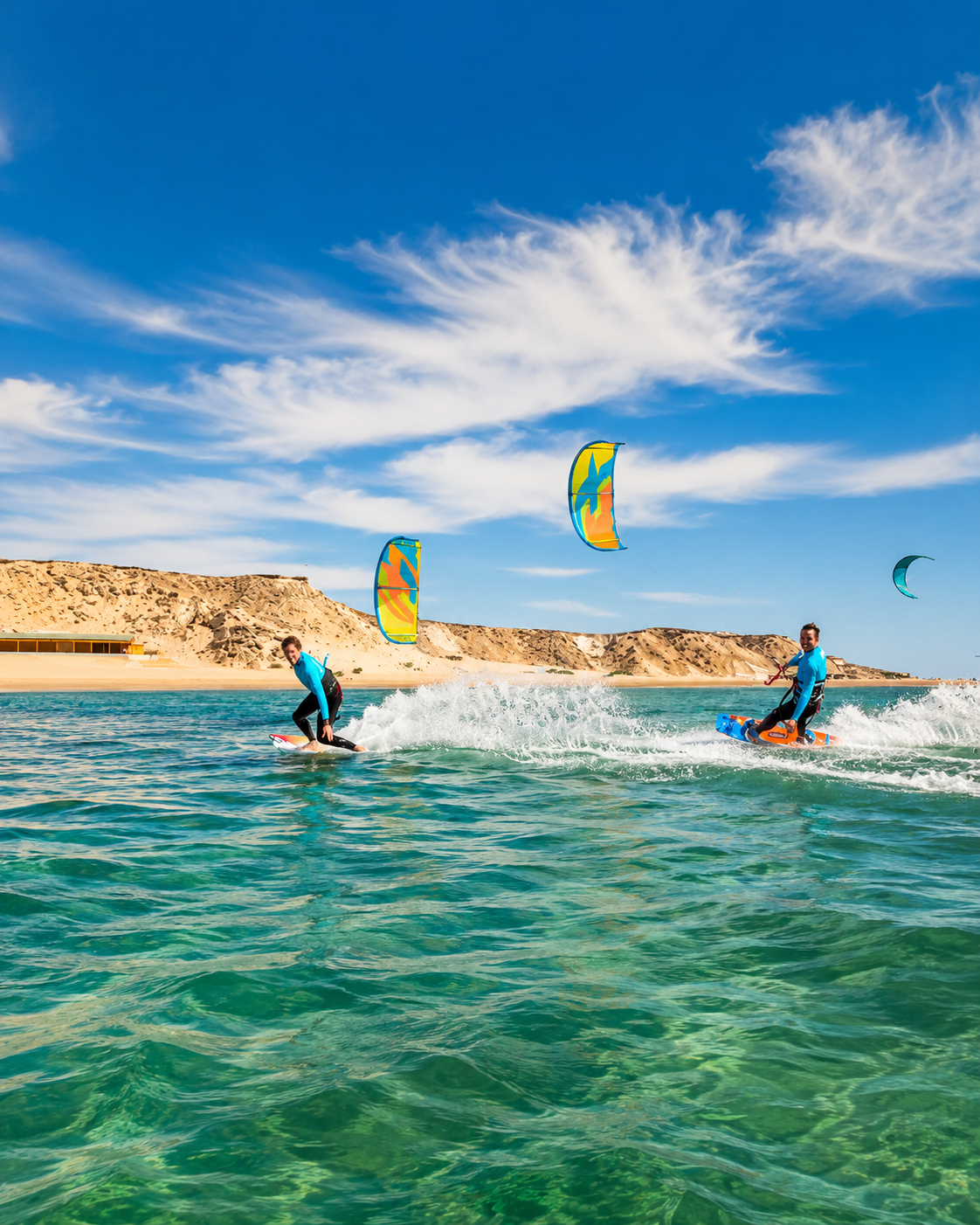 Kitesurfers on clear lagoon water near Dakhla, the city gateway for Dragon Island