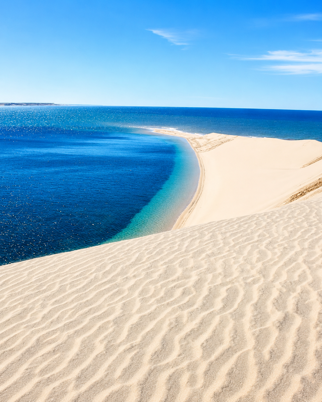 Pale sand and blue water in the Dragon Island lagoon landscape near Dakhla