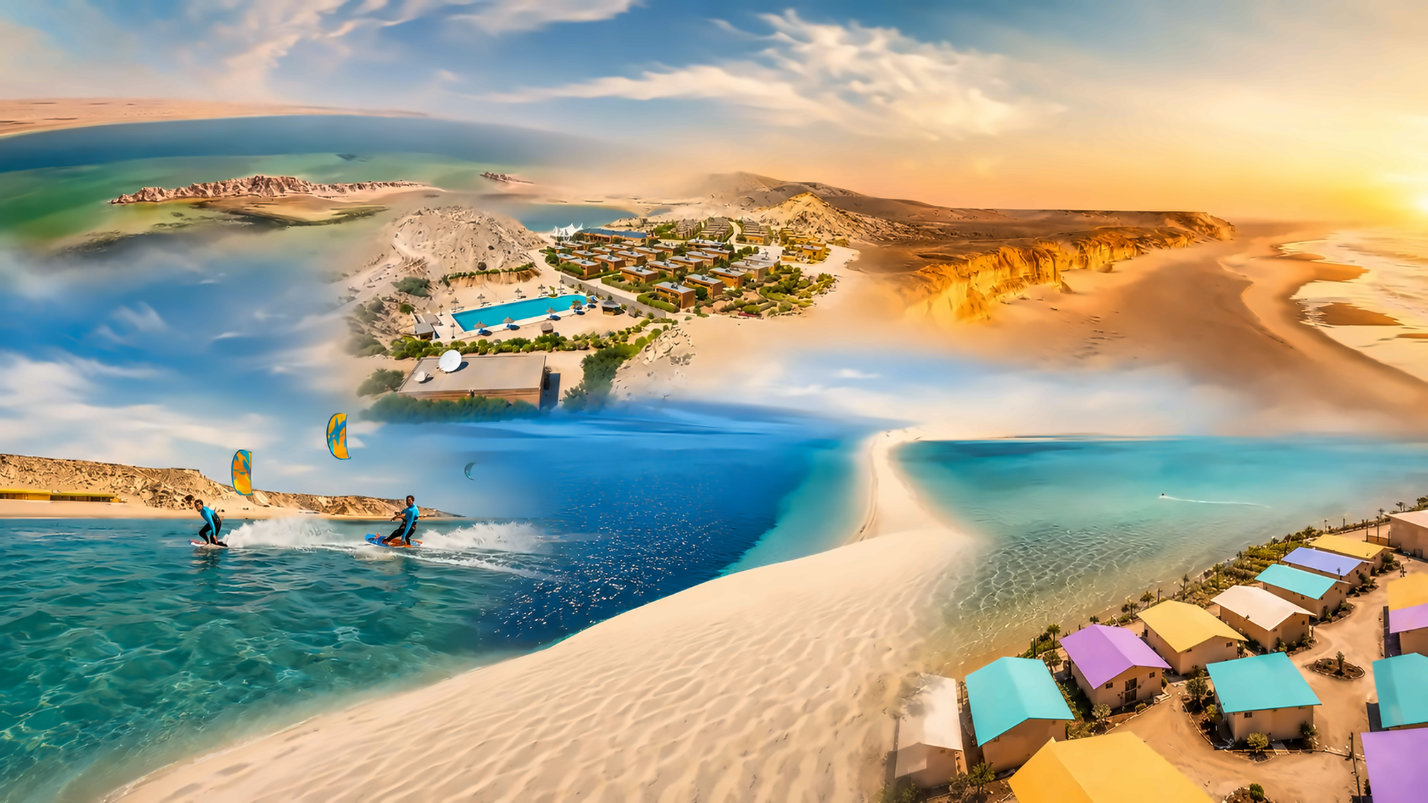 Dragon Island and Dakhla Lagoon landscape with pale sand, blue water and Sahara light