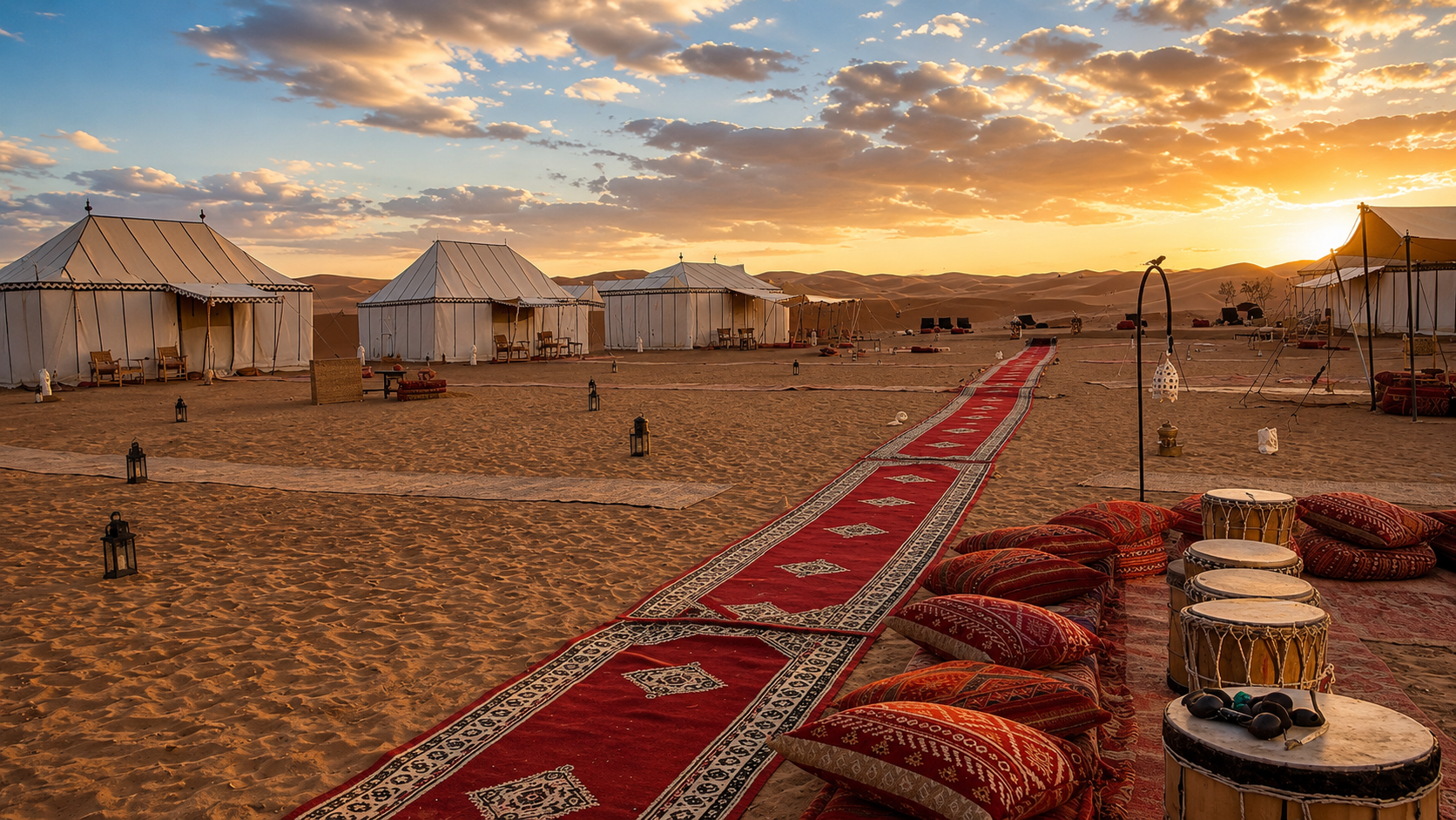 Erg Chebbi desert camp and dunes glowing at sunset near Merzouga, Morocco