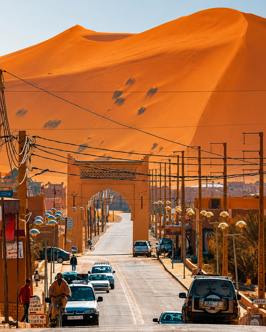 Merzouga street and gateway with Erg Chebbi dunes rising behind it