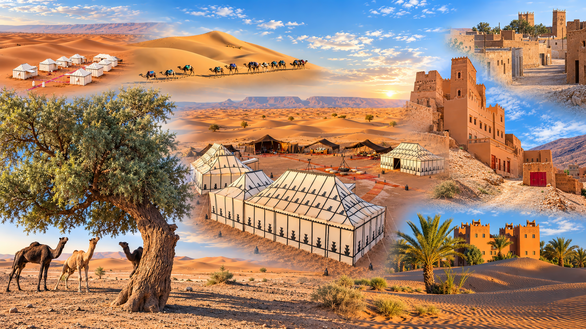 Composite of dunes, desert camps, camels and earthen architecture illustrating Erg Chigaga and its gateway journey
