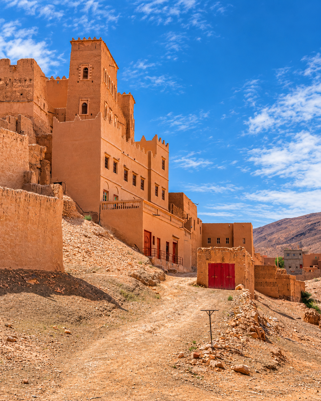 Earthen towers above a sunlit village lane beneath a blue sky