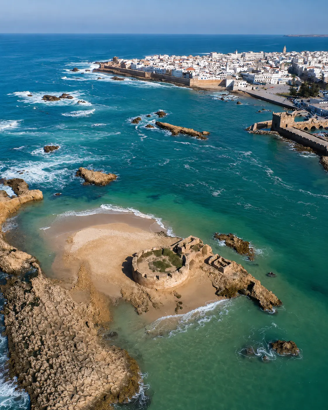 Essaouira coastal architecture and Atlantic city atmosphere near the Mogador Islands