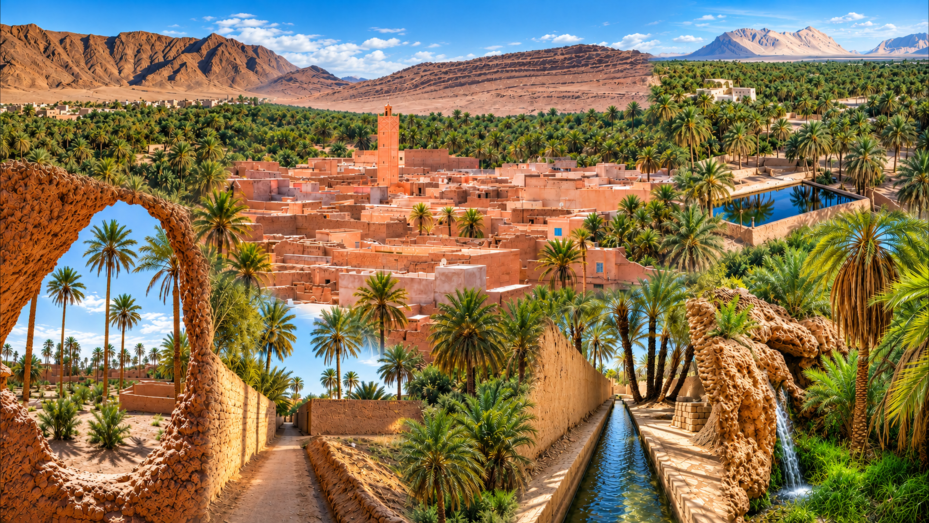 Figuig Oasis with palm groves, earthen settlement, irrigation water and surrounding mountains in eastern Morocco