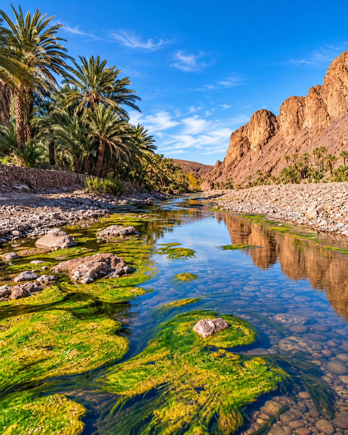 Palms beside a rocky watercourse in Fint Oasis, with bare hills beyond