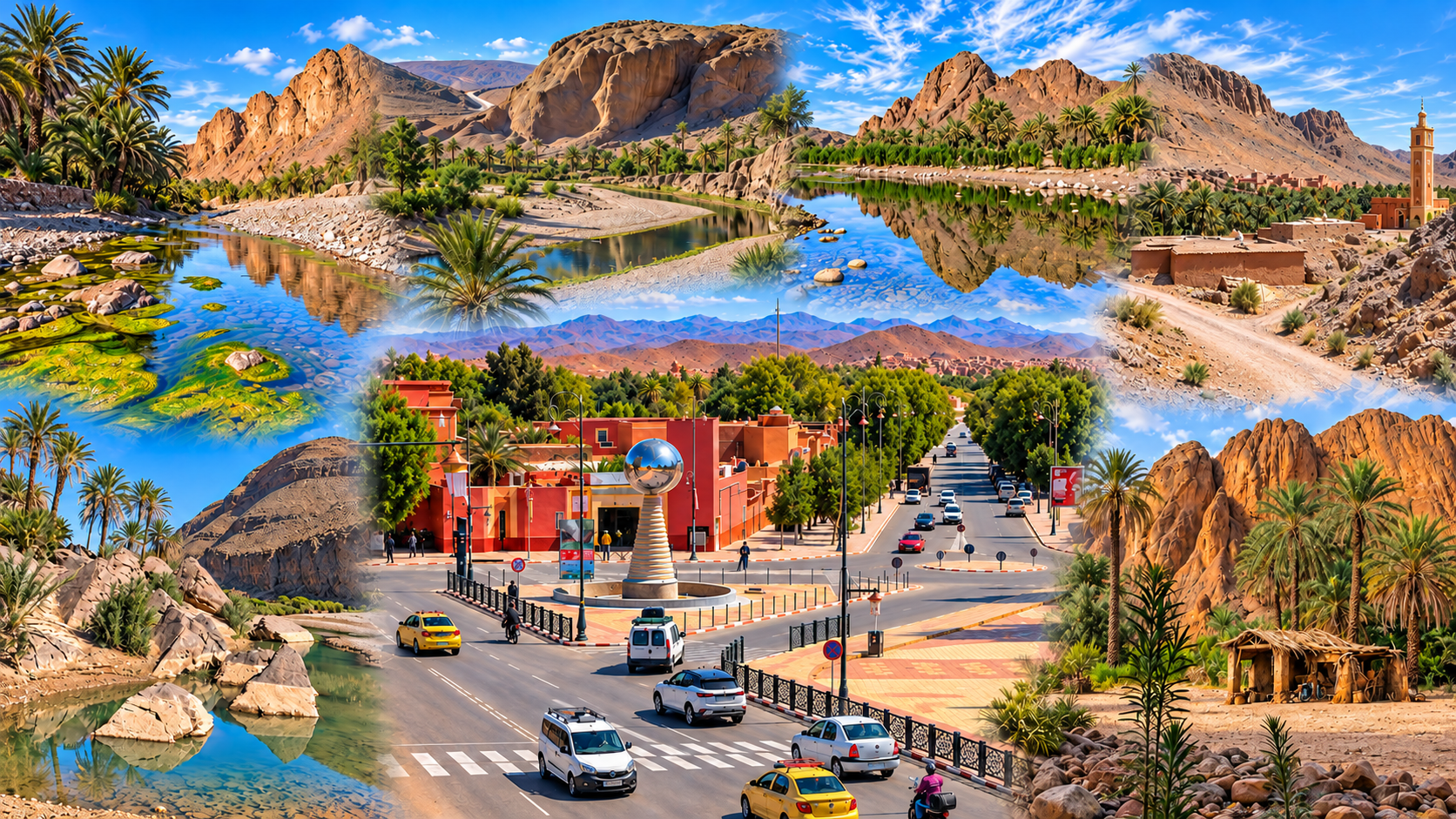 Panoramic composition of Fint Oasis palms, rocky valley and water, with Ouarzazate at the centre