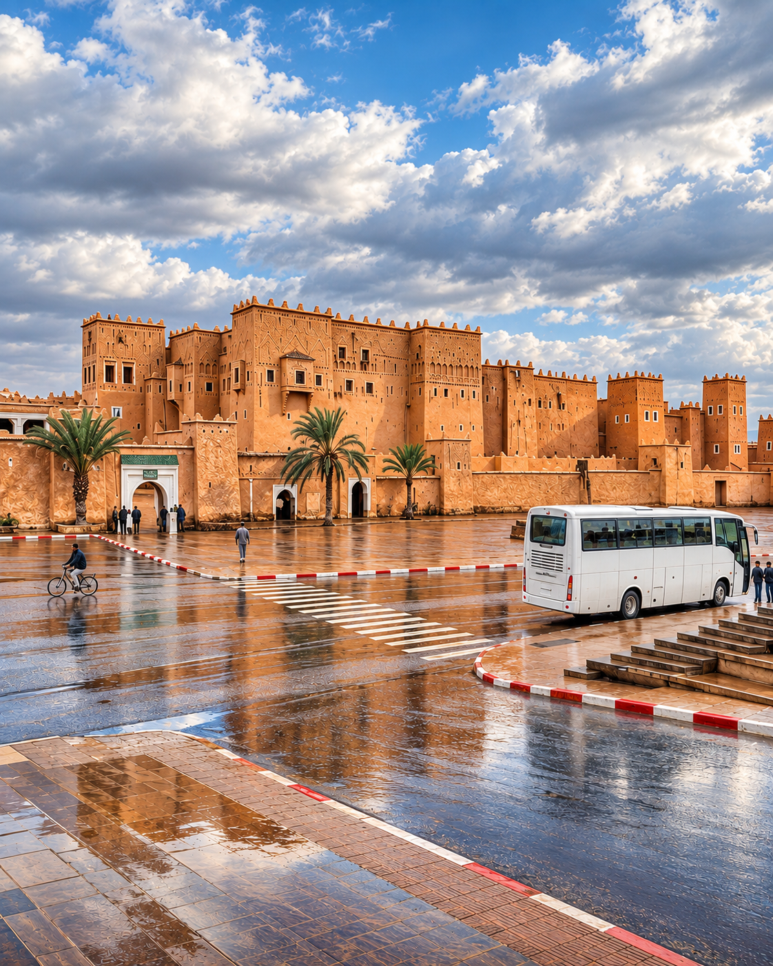 Earthen kasbah architecture and a street scene in Ouarzazate, the city gateway to Fint Oasis