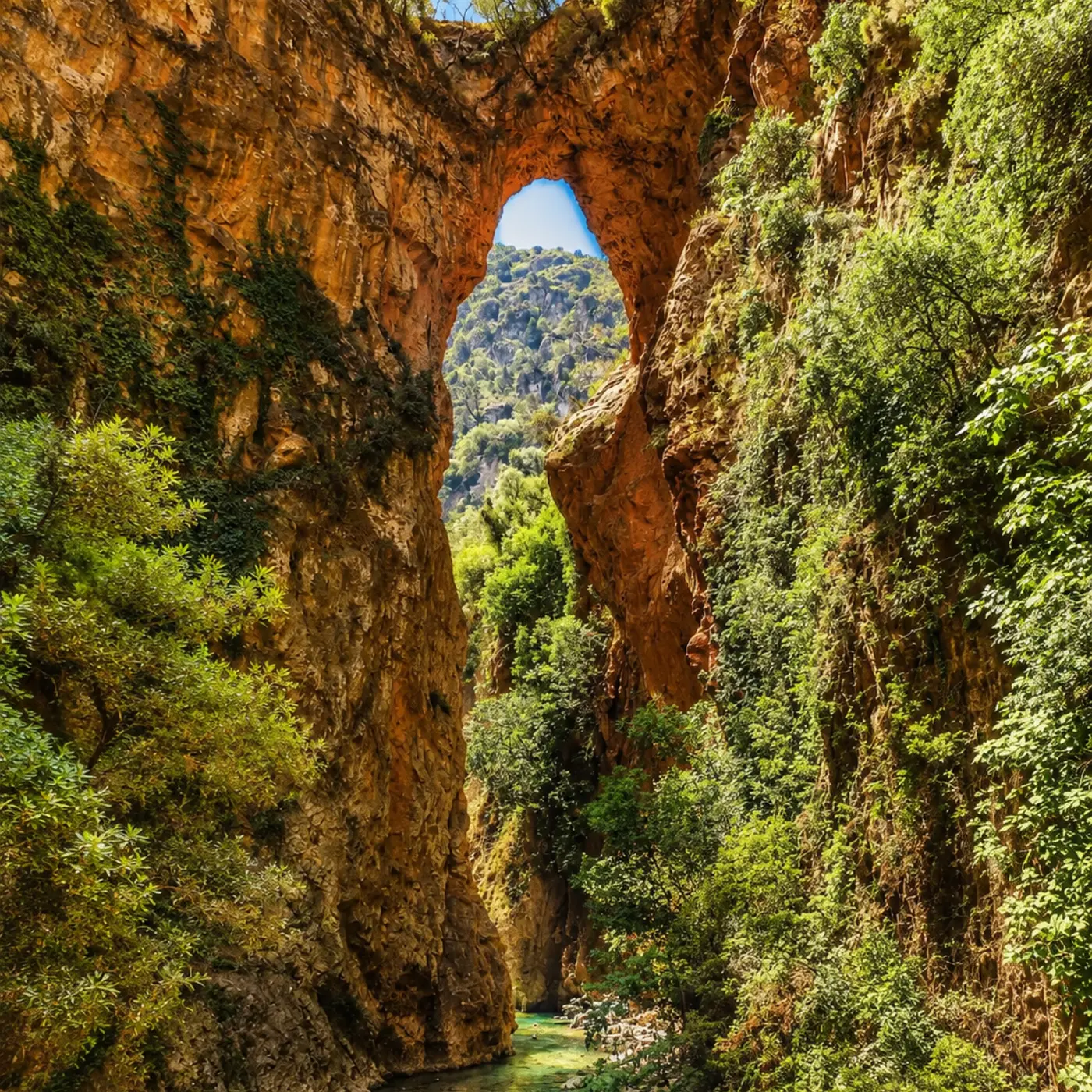 Natural rock arch of God’s Bridge in the Akchour gorge near Chefchaouen