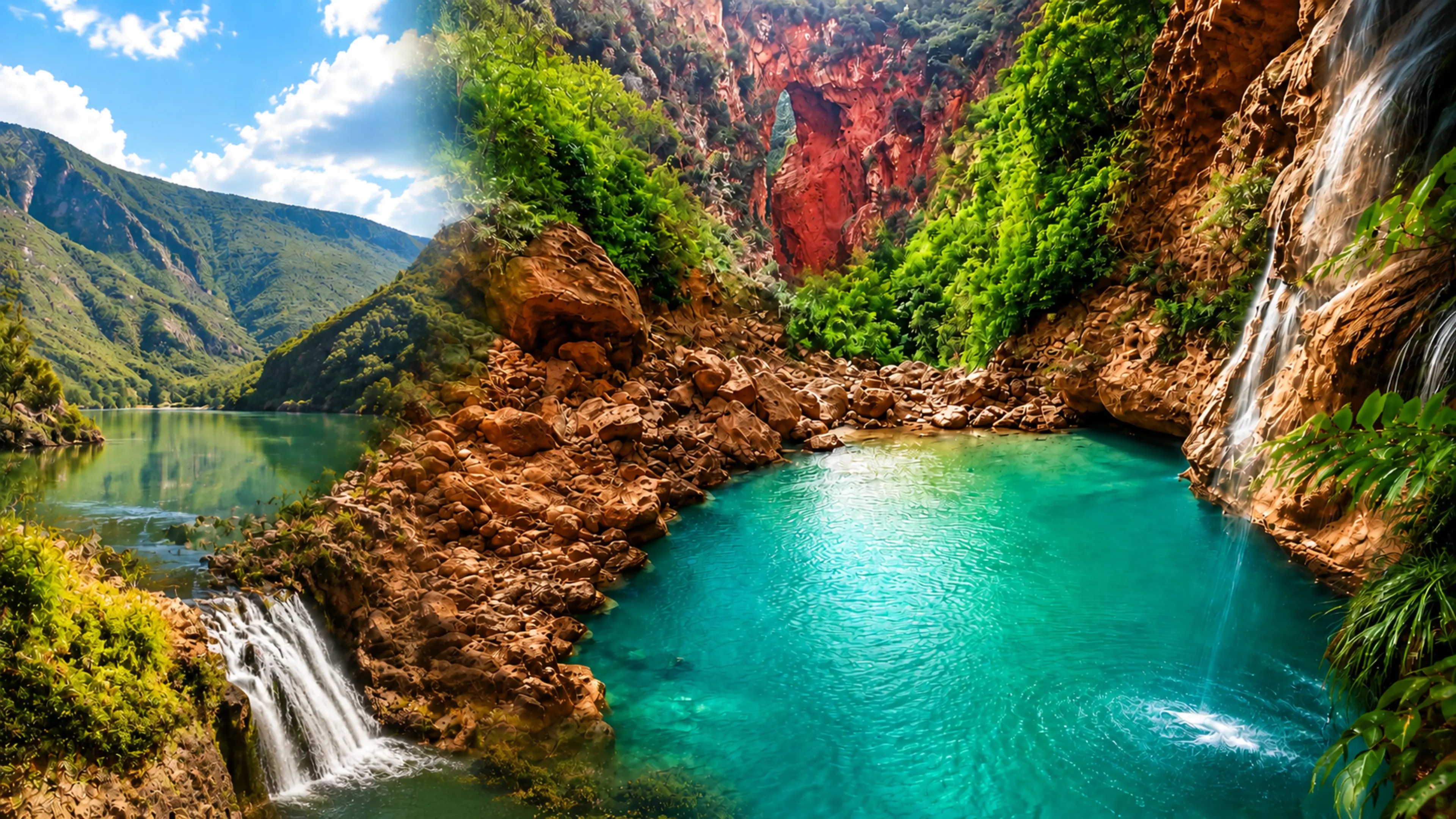 God’s Bridge Akchour natural rock arch, turquoise river and steep Rif mountain gorge in northern Morocco
