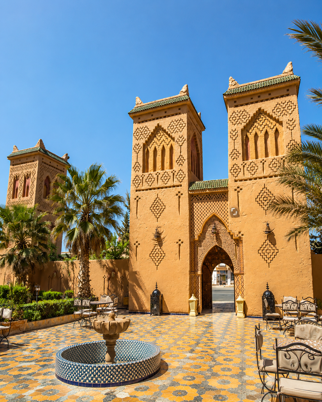 Midelt architectural gateway with earthen towers, patterned courtyard, palm trees and blue sky