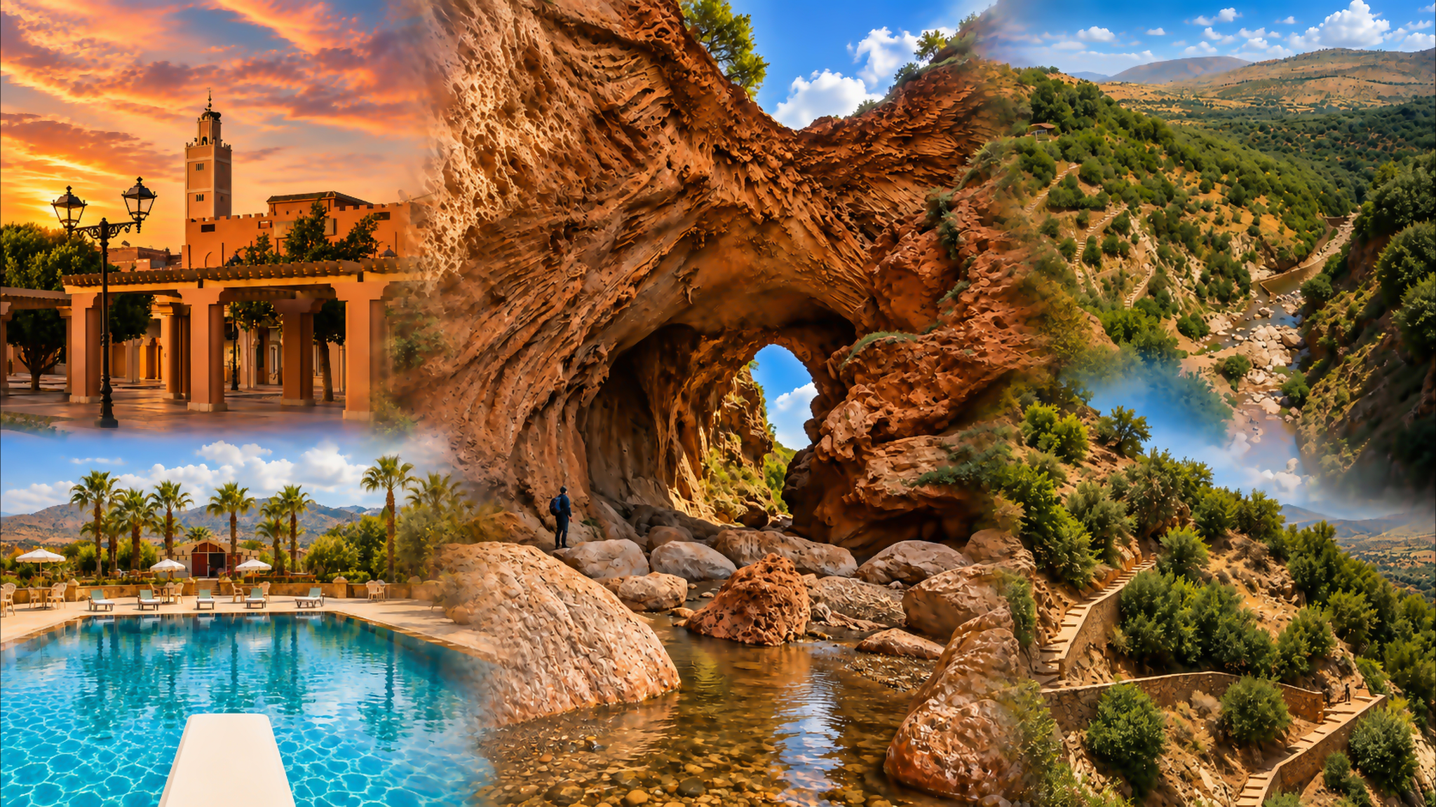 Visual composition centred on Imi n’Ifri Natural Bridge, with Moroccan town and mountain scenes
