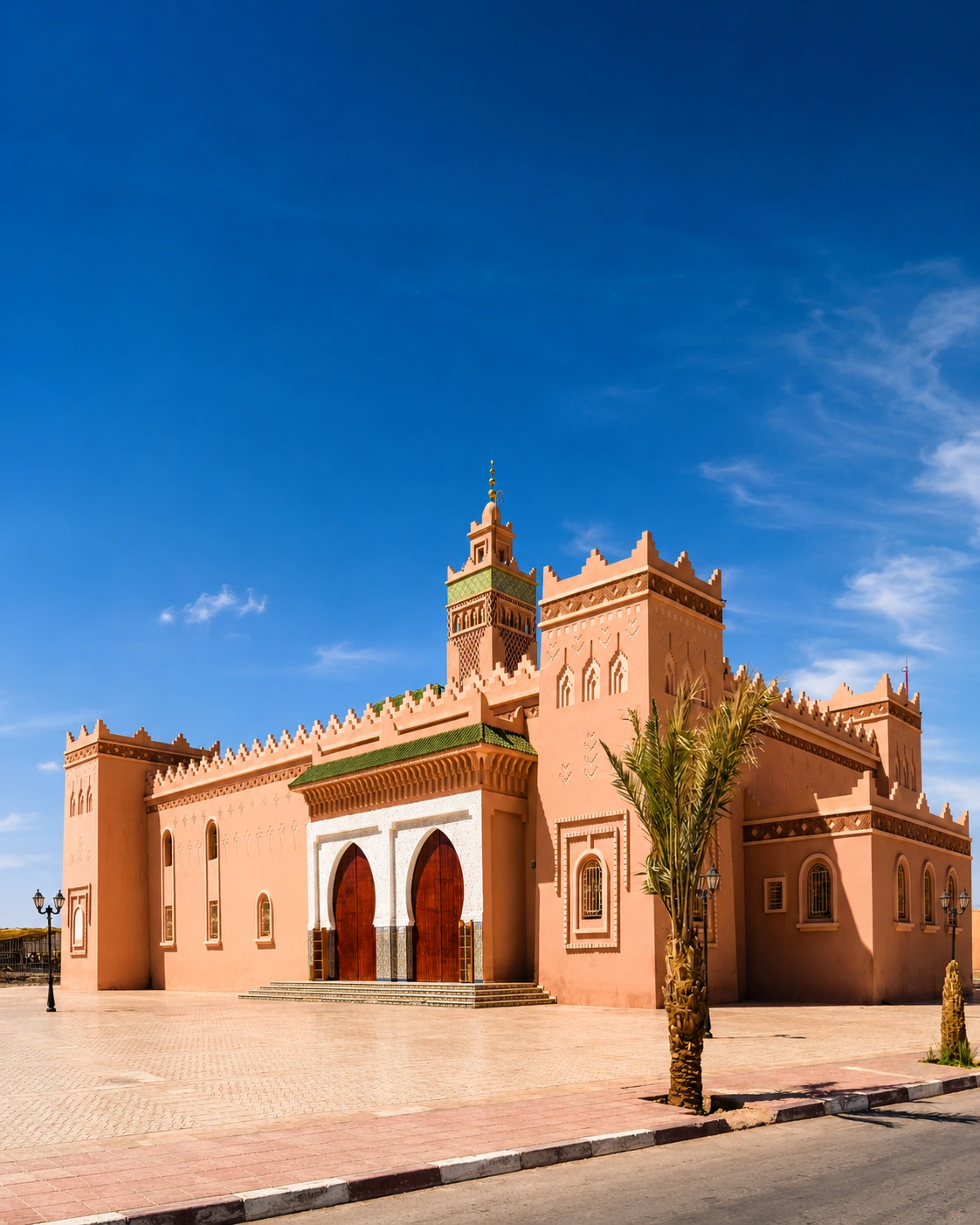 Zagora earthen mosque architecture with palm and blue sky, city context for Iriqui National Park