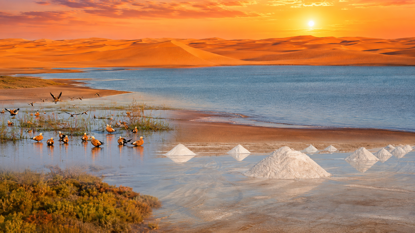 Khenifiss National Park lagoon, dunes, salt flats and birds in warm sunset light