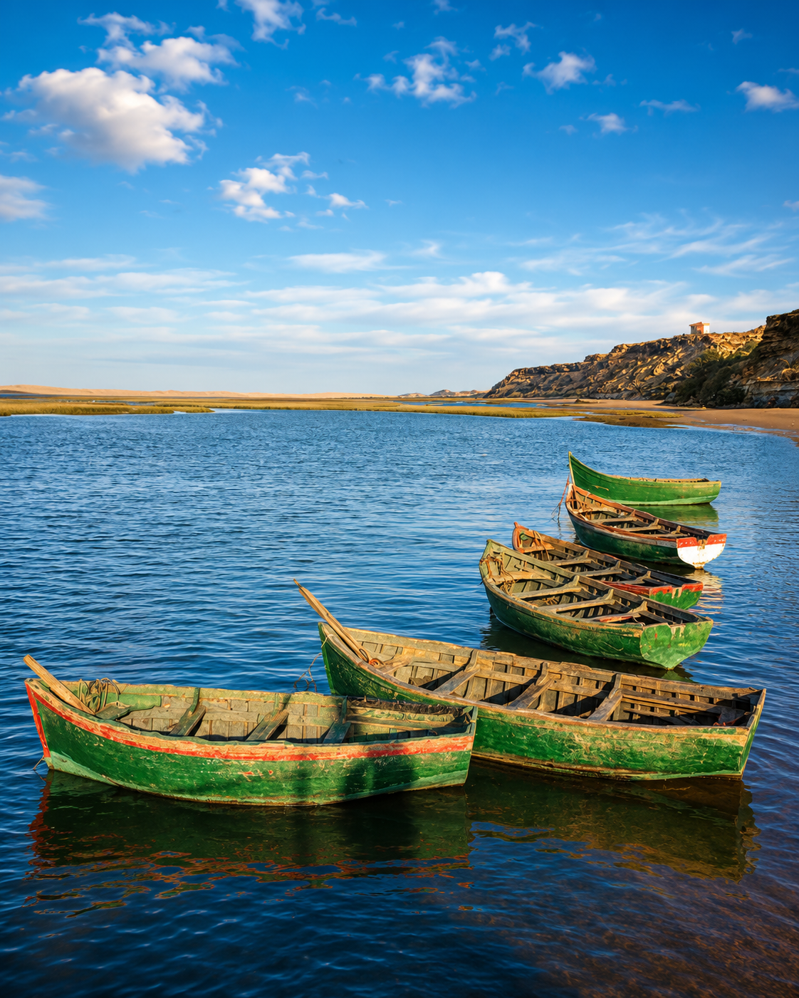 Traditional green boats on blue water near Tarfaya, the Atlantic south context for Khenifiss National Park